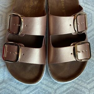Madden Girl Sandals Two Strap Slides Metallic Goldie Women’s Sz:6